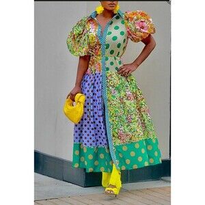 V Neck Short Sleeve Boho Maxi Dress - Large A-Line Dress with Puff Sleeves